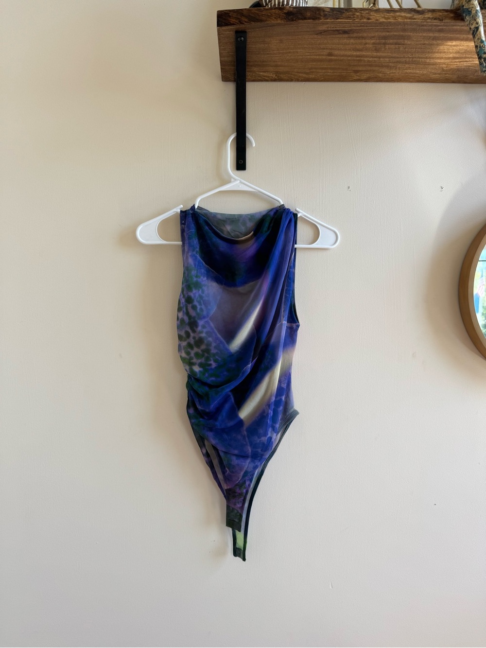 Zara Blue Abstract Mesh Ruched Draped Bodysuit Size Small